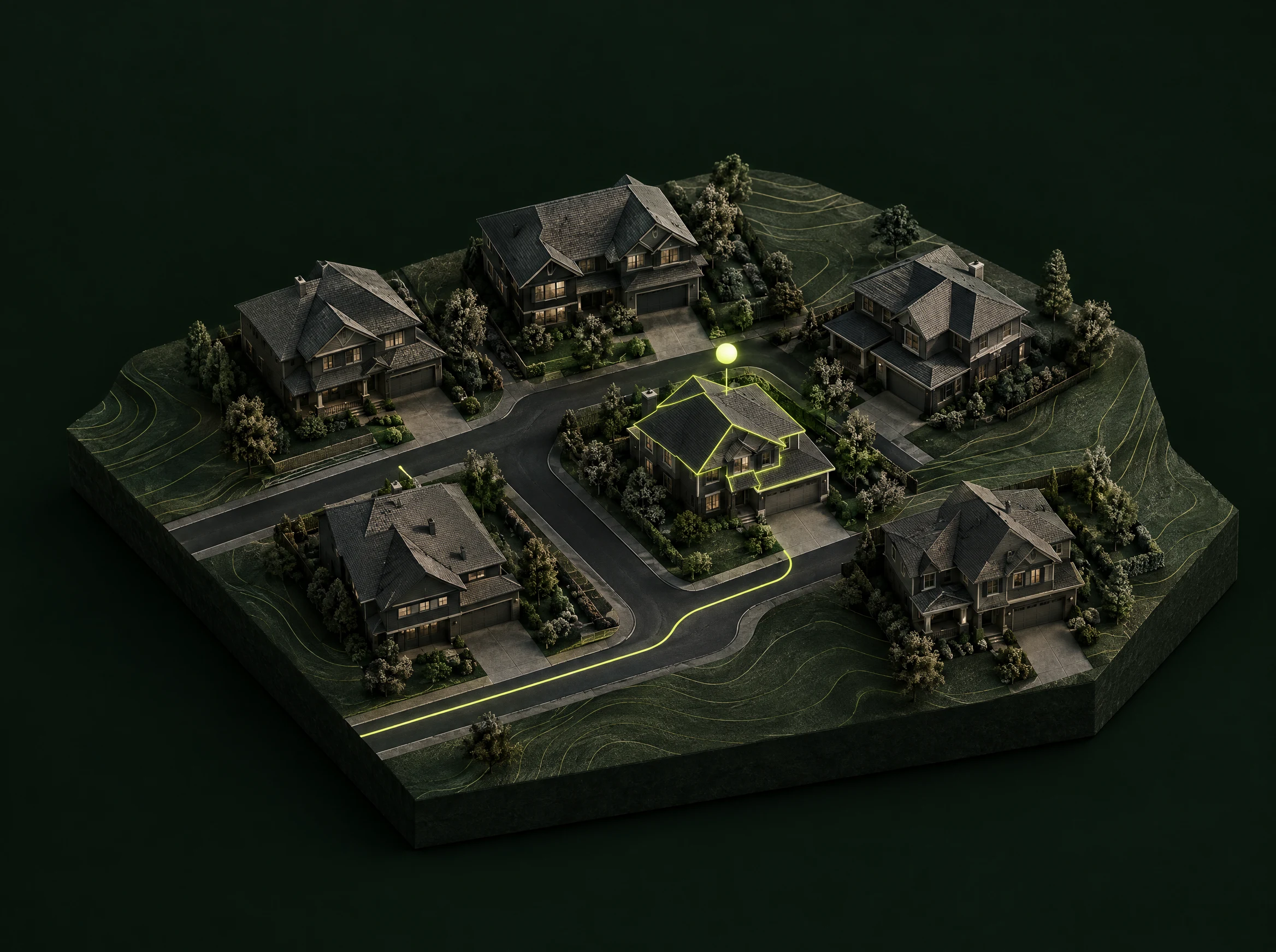 Sculptural neighborhood with one roof highlighted by a lime intelligence route